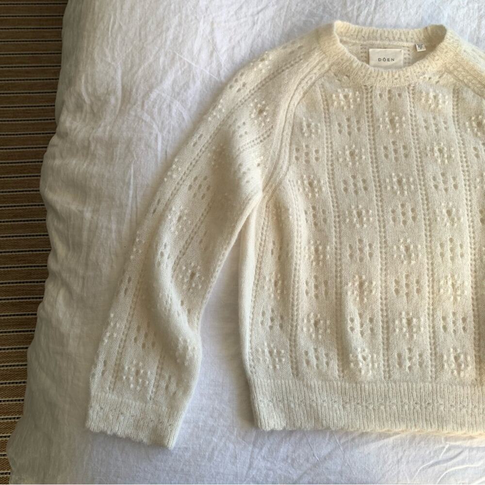 Doen Emiliana Alpaca Wool Pointelle Crewneck 3/4 Sleeve Knit Sweater Top Ivory - Picture 7 of 11